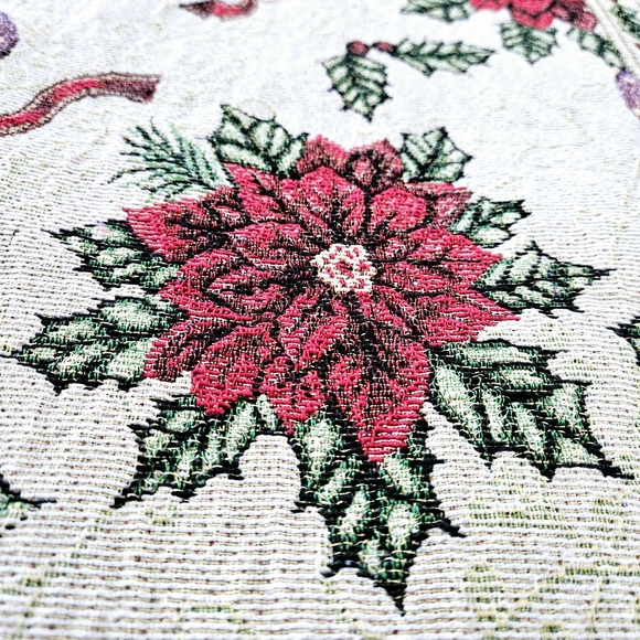 Christmas Holiday Lined Tablerunner with Tassle Ends Poinsettias Jingle Bells Or - Picture 4 of 16